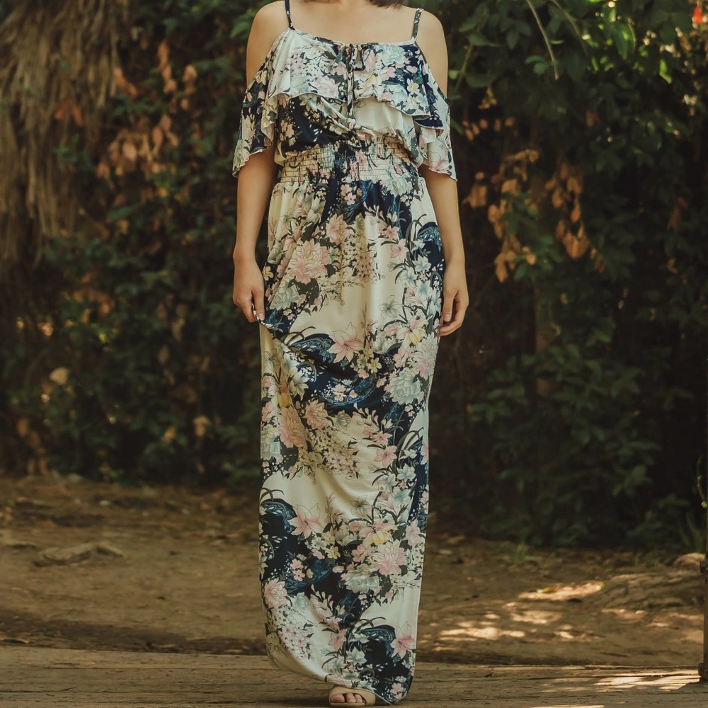 White/Navy Floral Maxi Dress